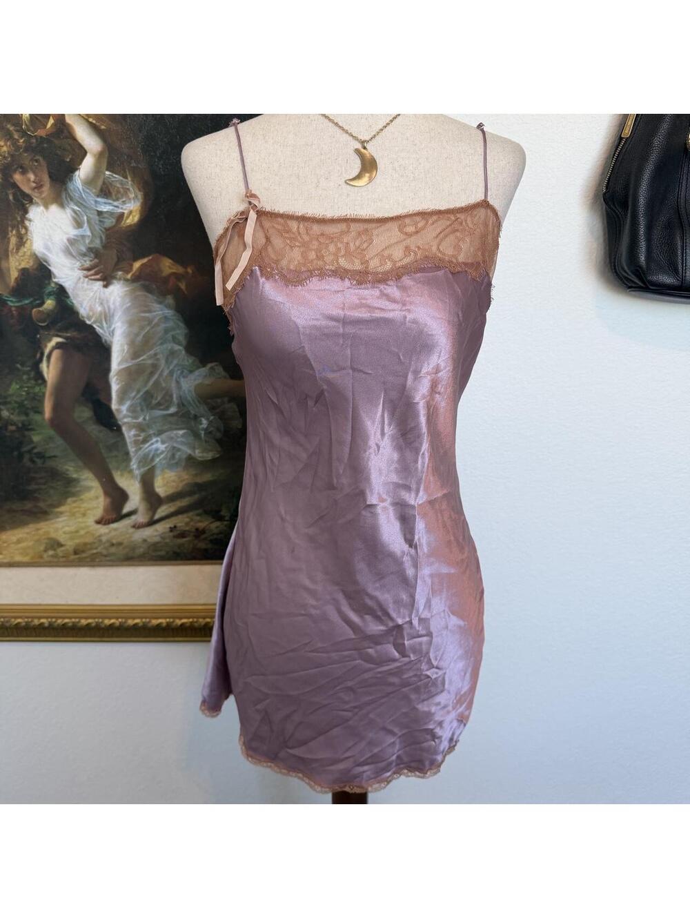 Rare Victoria’s Secret Mauve Slip Dress with Lace & Velvet Bow Detail TINY FLAW